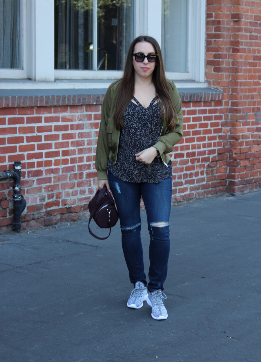 sf blogger - cut out cami - olive bomber jacket