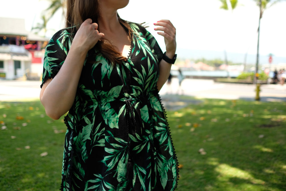 palm tree print dress with crochet hem