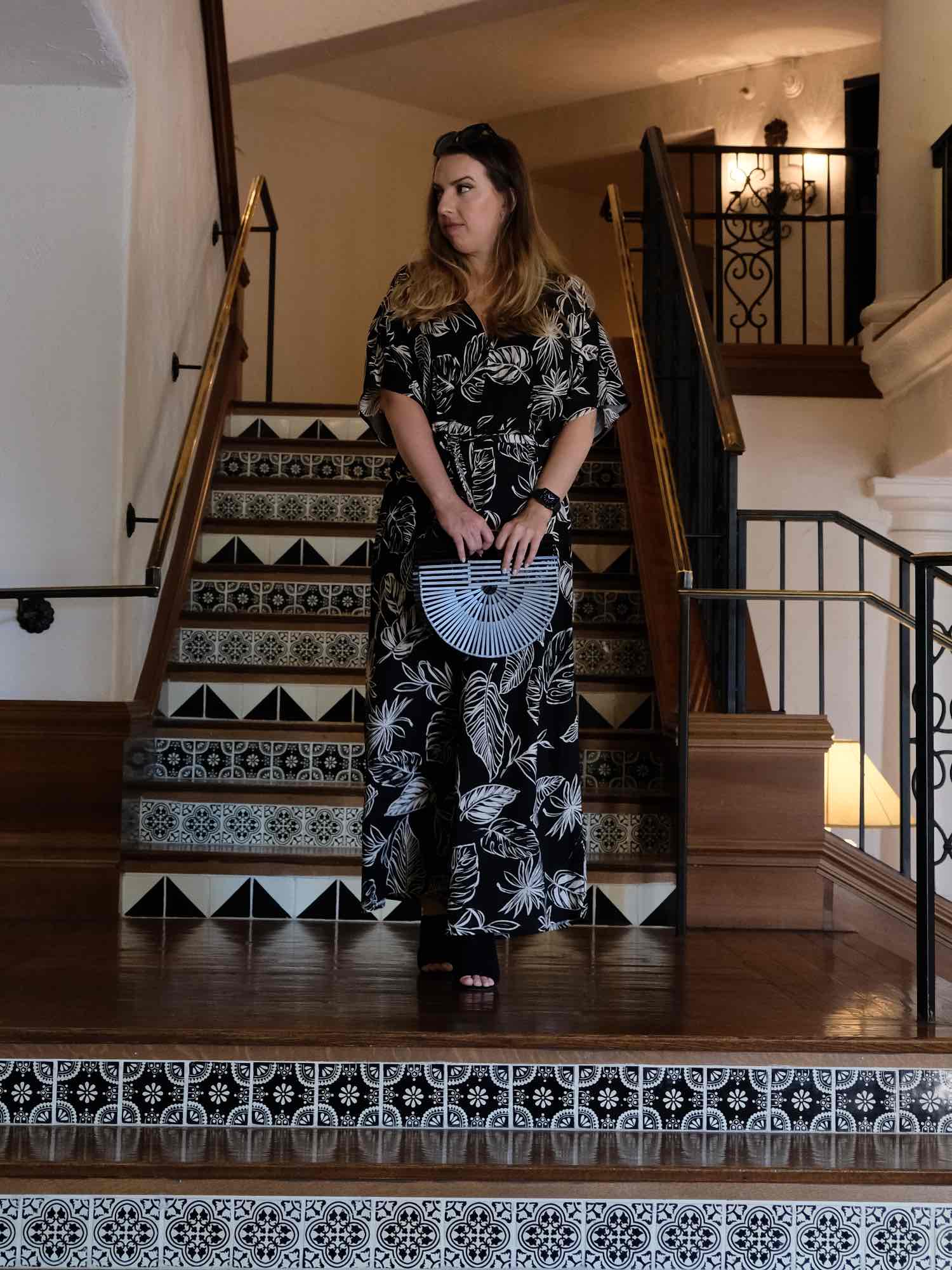 Palm Print Jumpsuit - Black Palm Leaf Print Jumpsuit and Bamboo Bag